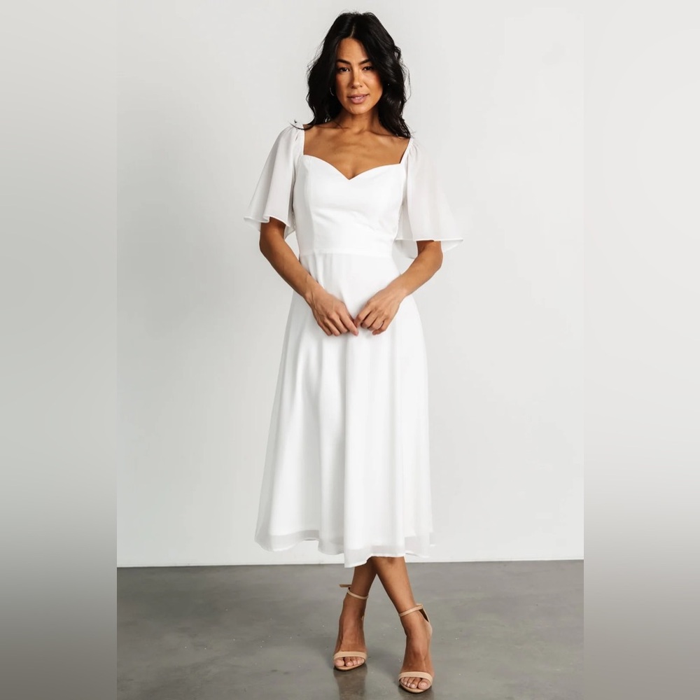 White Sweetheart Flutter Sleeve Midi Dress